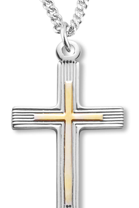 Women's Sterling Silver Two Tone Double Etch Cross Necklace with Chain Options - 18&quot; 1.8mm Sterling Silver Chain + Clasp