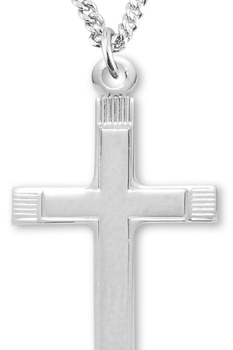 Women's Sterling Silver Cross Necklace with Etched Border with Chain Options - 18&quot; 1.8mm Sterling Silver Chain + Clasp