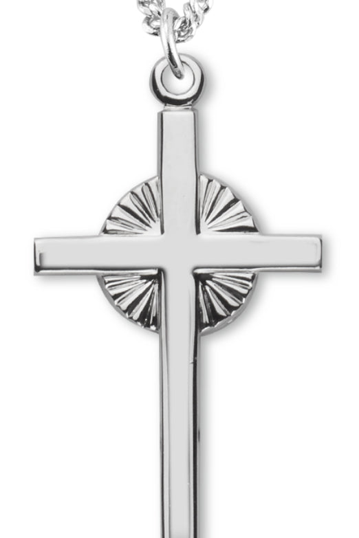 Women's Sterling Silver Cross Necklace with Circular Etched Center with Chain Options - 18&quot; 1.8mm Sterling Silver Chain + Clasp