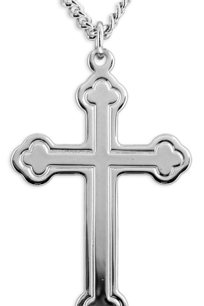Men's Sterling Silver High Polish Clover Leaf Tip Cross Necklace with Chain Options - 24&quot; Sterling Silver Chain + Clasp