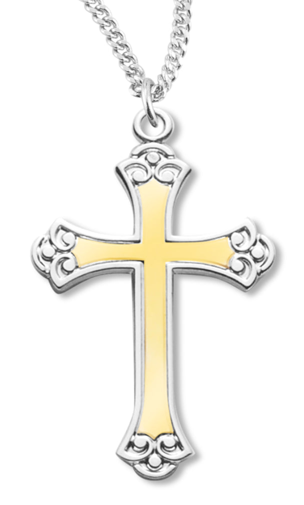 Cross Necklace Two Tone, Sterling Silver with Chain - 18&quot; 1.8mm Sterling Silver Chain + Clasp