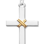 Men's Sterling Silver Cross Necklace with Gold Rope Center with Chain Options - 24&quot; 2.4mm Rhodium Plate Chain + Clasp