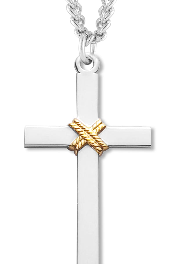 Men's Sterling Silver Cross Necklace with Gold Rope Center with Chain Options - 24&quot; 2.4mm Rhodium Plate Chain + Clasp