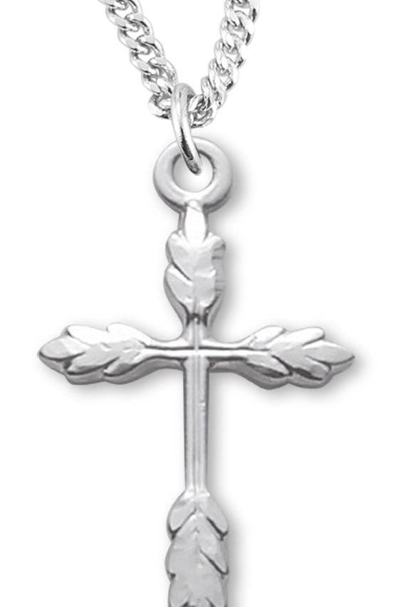 Women's Sterling Silver Wheat Design Cross Necklace with Chain Options - 18&quot; 1.8mm Sterling Silver Chain + Clasp