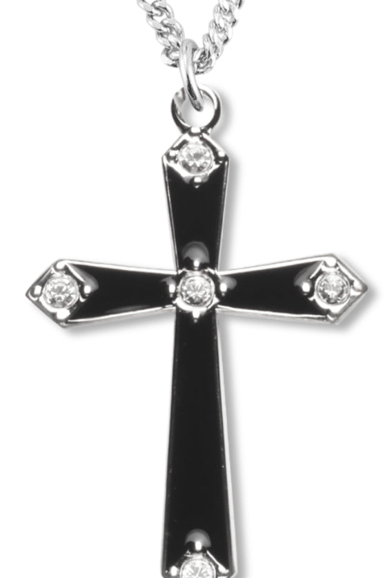 Cross Necklace with Black Enamel, Sterling Silver with Chain - 18&quot; 1.8mm Sterling Silver Chain + Clasp