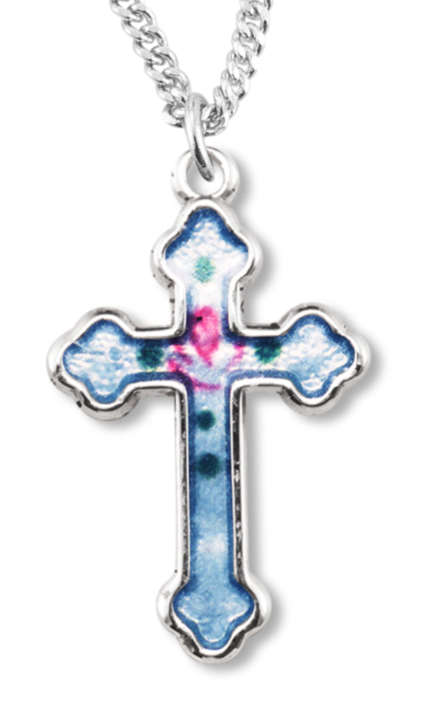 Women's Sterling Silver Blue Enamel Cross Necklace with Floral Design with Chain Options - 18&quot; 1.8mm Sterling Silver Chain + Clasp