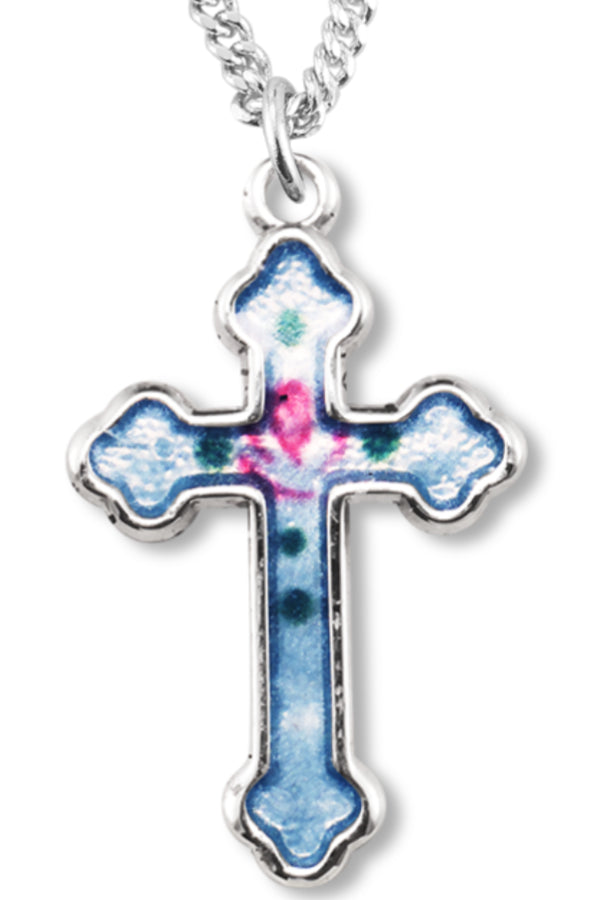 Women's Sterling Silver Blue Enamel Cross Necklace with Floral Design with Chain Options - 18&quot; 1.8mm Sterling Silver Chain + Clasp