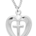 Women's Sterling Silver Open Heart Necklace with Cross Center with Chain Options - 18&quot; 1.8mm Sterling Silver Chain + Clasp