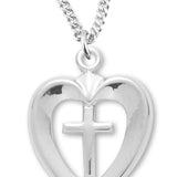 Women's Sterling Silver Open Heart Necklace with Cross Center with Chain Options - 18&quot; 1.8mm Sterling Silver Chain + Clasp