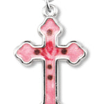 Women's Sterling Silver Pink Enamel Cross Necklace with Floral Design with Chain Options - 18&quot; 1.8mm Sterling Silver Chain + Clasp