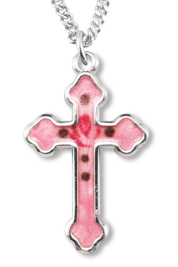 Women's Sterling Silver Pink Enamel Cross Necklace with Floral Design with Chain Options
