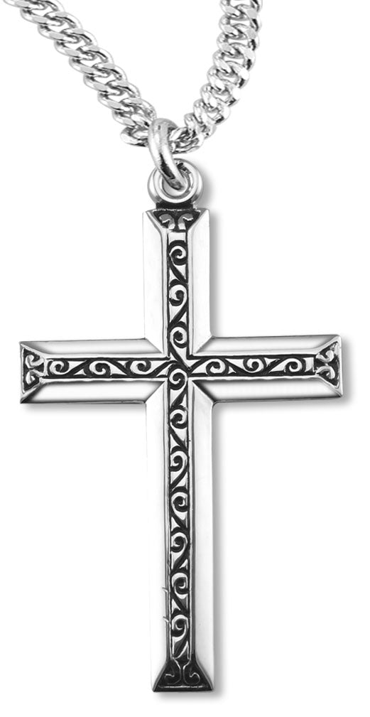 Women's or Boy's Sterling Silver Simple Filigree Scroll Cross Pendant Raised Center with Chain - 20&quot; 2.2mm Stainless Steel Chain with Clasp