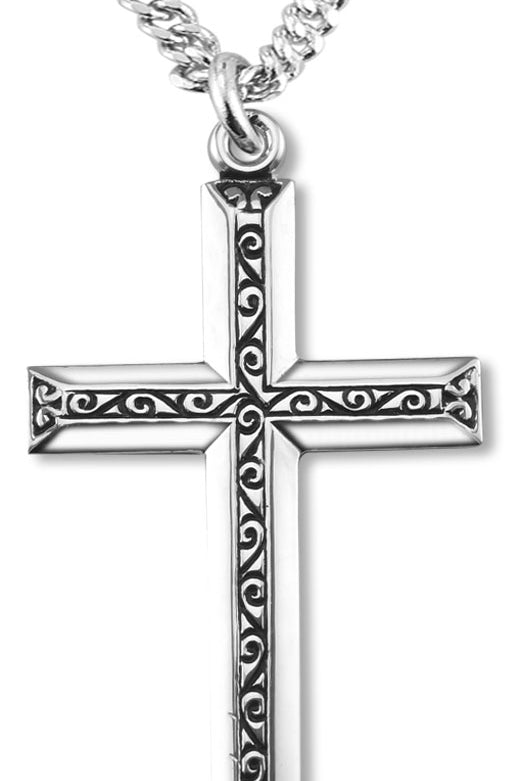 Women's or Boy's Sterling Silver Simple Filigree Scroll Cross Pendant Raised Center with Chain - 20&quot; 2.2mm Stainless Steel Chain with Clasp