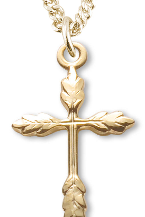 Women's 14kt Gold Over Sterling Silver Cross Necklace Wheat Sheaf Tips + 18 Inch Gold Plated Chain &amp; Clasp - Gold-tone