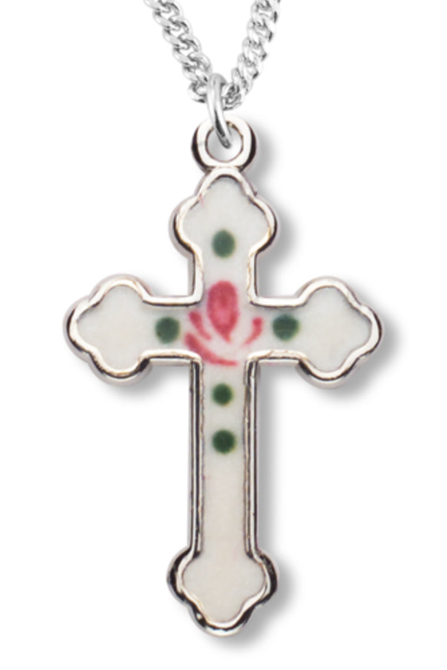 Cross Necklace with White Enamel, Sterling Silver with Chain - Sterling Silver