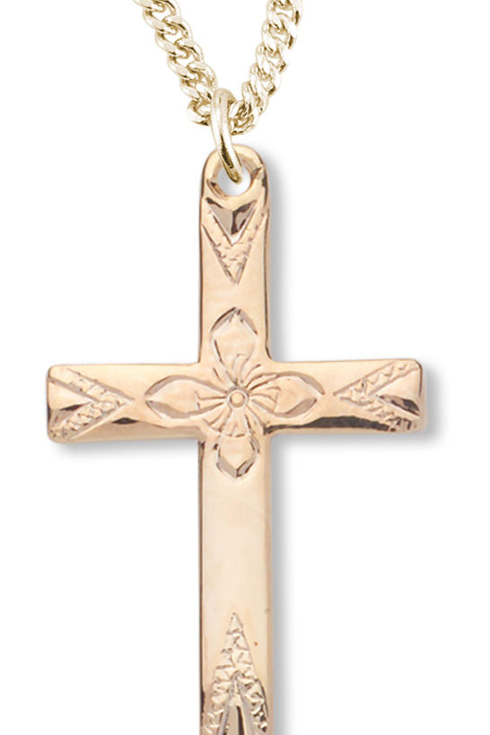 Women's 16kt Gold Over Sterling Silver High Polish Floral Cross Necklace + 18 Inch Gold Plated Chain &amp; Clasp - Gold-tone
