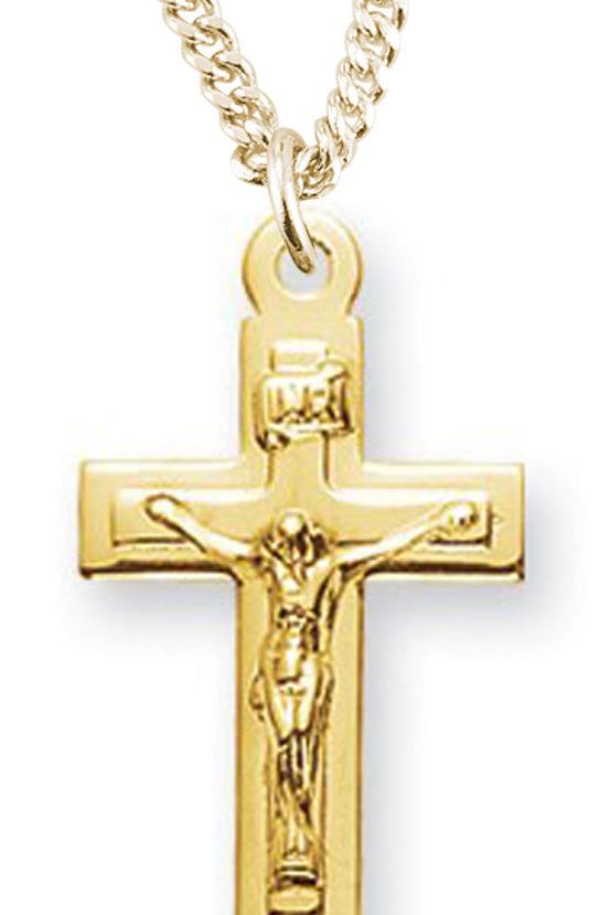 Girl's or Boy's 14kt Gold Over Sterling Silver Squared Crucifix Necklace + 13 Inch Gold Plated Chain &amp; Clasp - Gold-tone