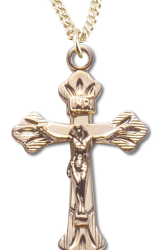 Women's 14kt Gold Plated Dainty Crucifix Necklace Etched Tips + 18 Inch Gold Plated Chain &amp; Clasp - Gold-tone