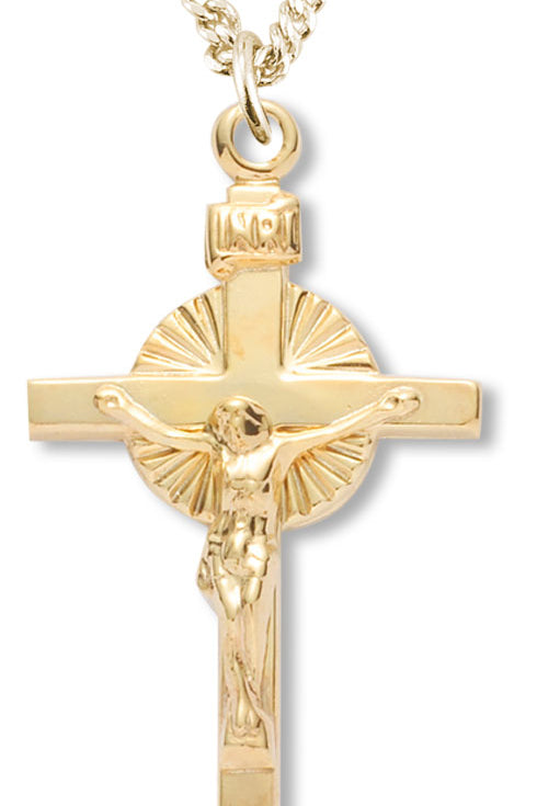 Women's 14kt Gold Over Sterling Silver Sunburst Center Crucifix Pendant + 18 Inch Gold Plated Chain &amp; Clasp - Gold-tone