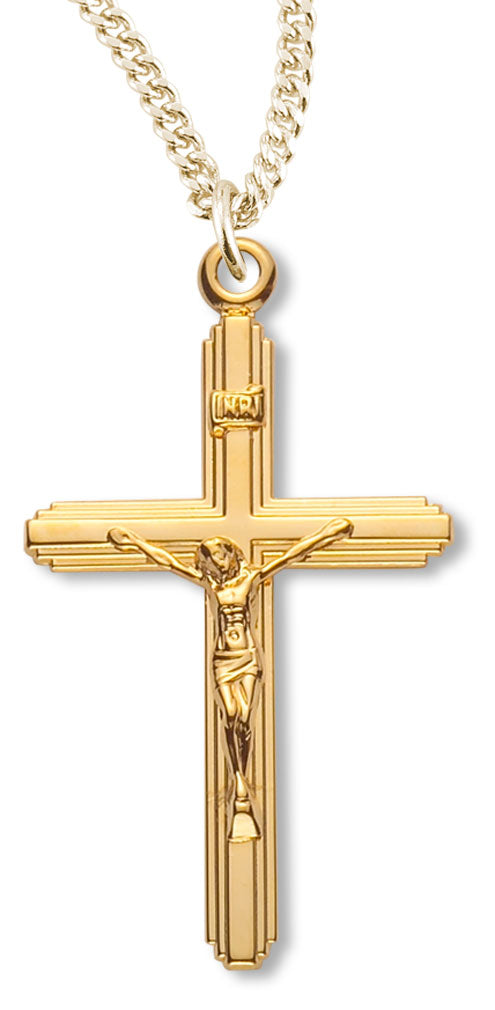 Women's 14kt Gold Over Sterling Silver Women's Tiered Beveled Edge Crucifix Pendant + 18 Gold Plated Chain &amp; Clasp - Gold-tone
