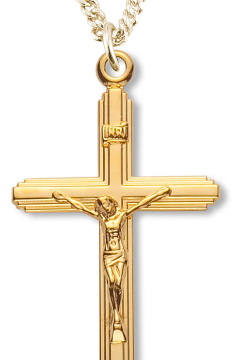 Women's 14kt Gold Over Sterling Silver Women's Tiered Beveled Edge Crucifix Pendant + 18 Gold Plated Chain &amp; Clasp - Gold-tone