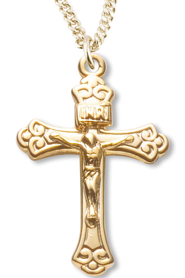Women's 14kt Gold Plated Wide Fleur De Lis Tip Crucifix Pendant + 18 Inch Gold Plated Chain &amp; Clasp - Gold-tone