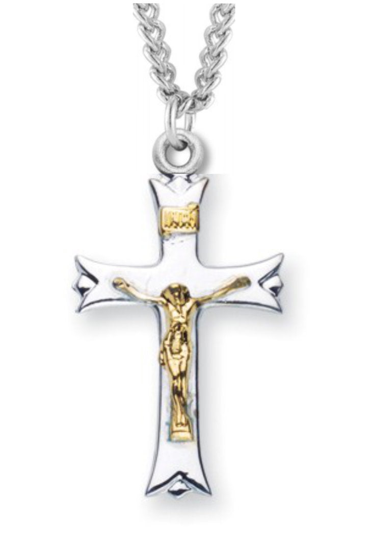 Crucifix Necklace Fancy Tip Two Tone, Sterling Silver with Chain - 18&quot; 1.8mm Sterling Silver Chain + Clasp
