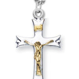 Crucifix Necklace Fancy Tip Two Tone, Sterling Silver with Chain