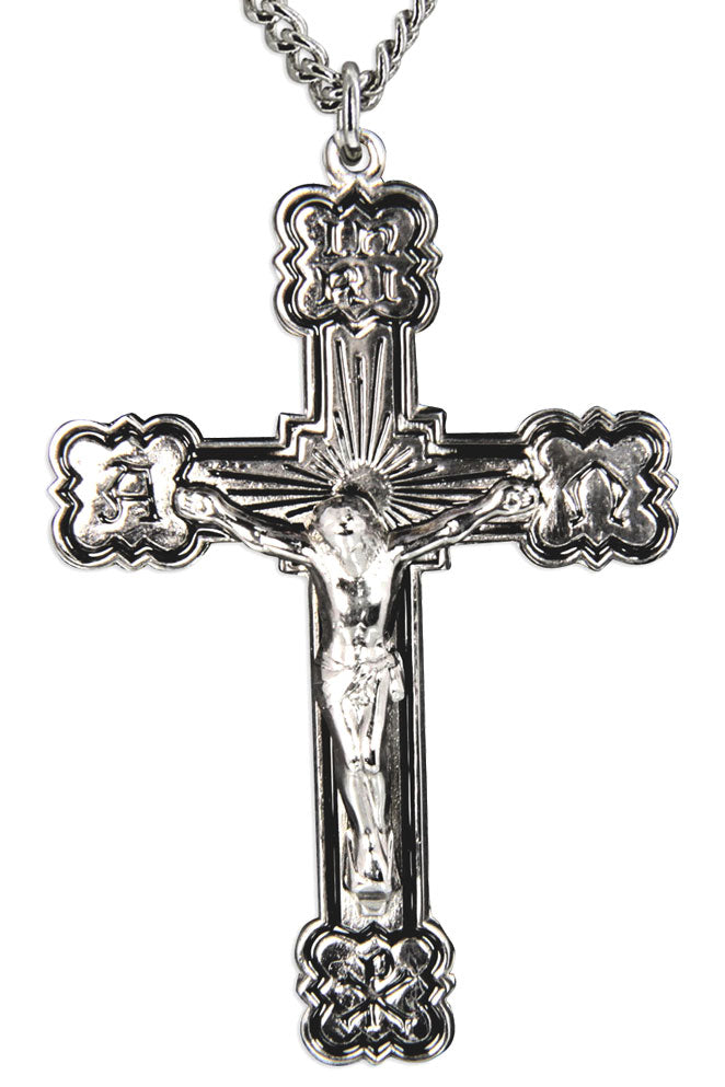 Men's Polished Sterling Silver Alpha Omega Chi Rho Crucifix Pendant with Chain Options - 24&quot; Sterling Silver Chain + Clasp