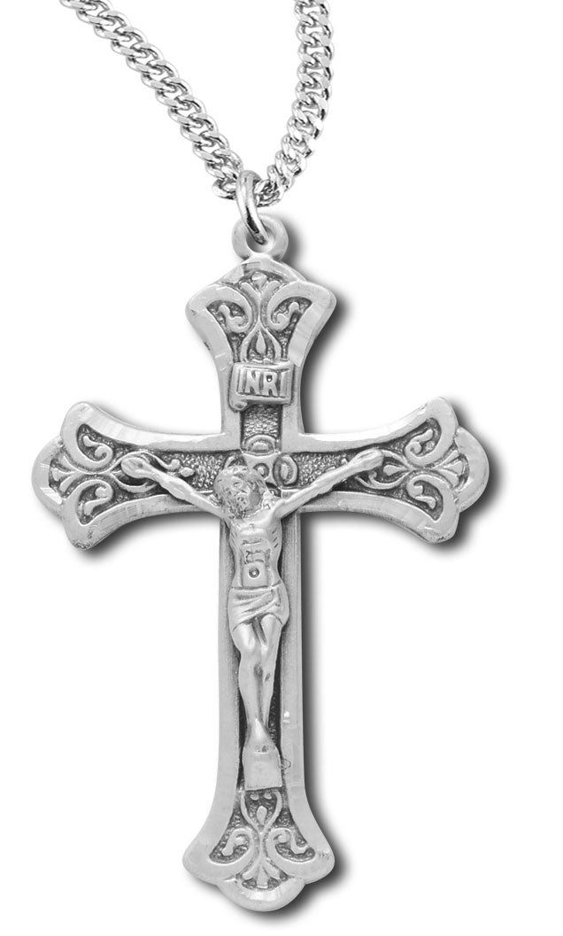 Women's or Boy's Sterling Silver Ornate Tip Matte Finish Crucifix Necklace with Chain - 20&quot; 2.2mm Stainless Steel Chain with Clasp
