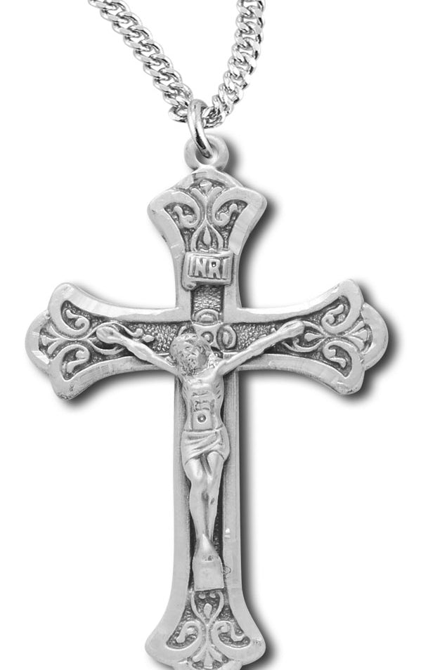 Women's or Boy's Sterling Silver Ornate Tip Matte Finish Crucifix Necklace with Chain - 20&quot; 2.2mm Stainless Steel Chain with Clasp