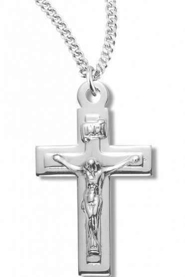 Women's Sterling Silver Plain Crucifix Necklace with Raised Center with Chain Options - 18&quot; 1.8mm Sterling Silver Chain + Clasp