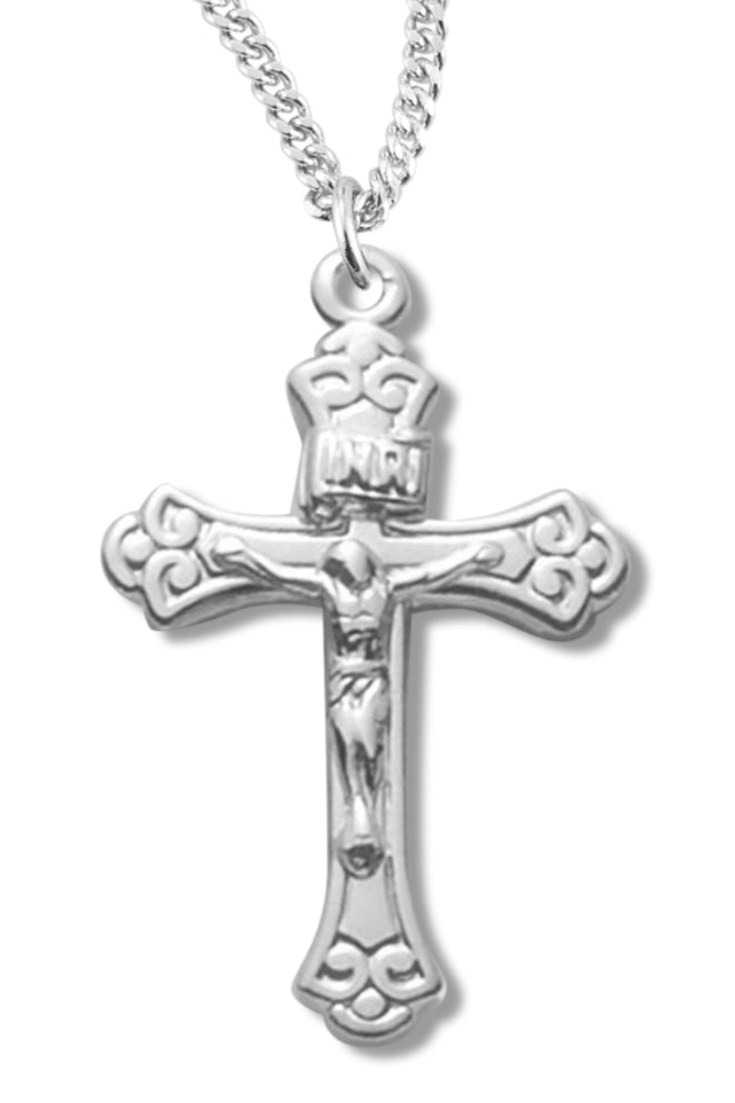 Women's Sterling Silver Floral Tipped Crucifix Necklace with Chain Options - 18&quot; 1.8mm Sterling Silver Chain + Clasp