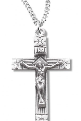 Women's Sterling Silver Crucifix Necklace with Floral Design with Chain Options - 18&quot; 1.8mm Sterling Silver Chain + Clasp