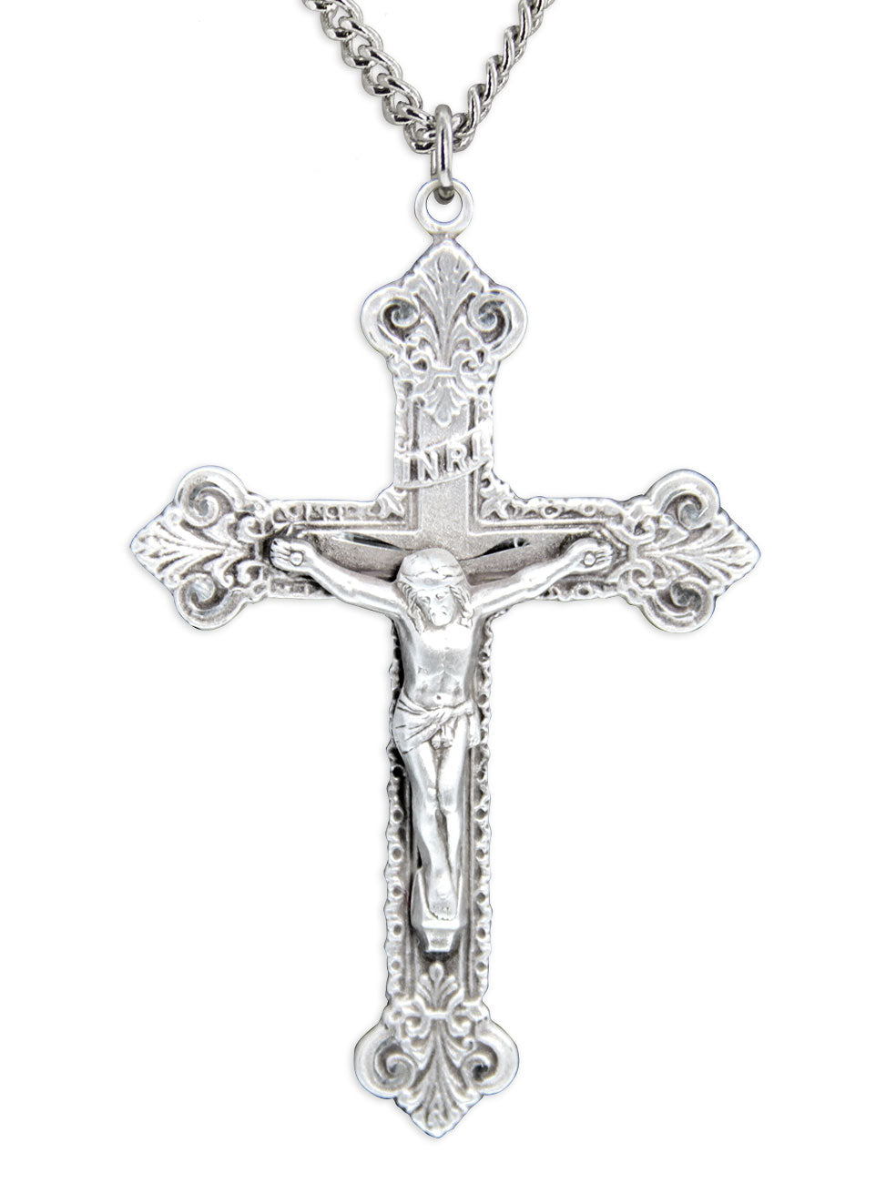 Men's Sterling Silver Budded Edge Crucifix Pendant with Chain Options