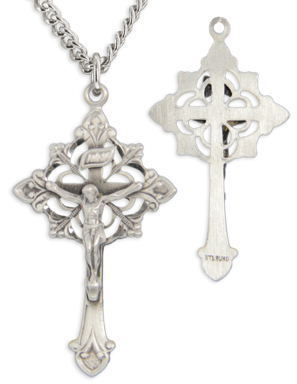Men's Sterling Silver Fancy Crucifix Necklace Fleur-de-lis Points with Chain Options