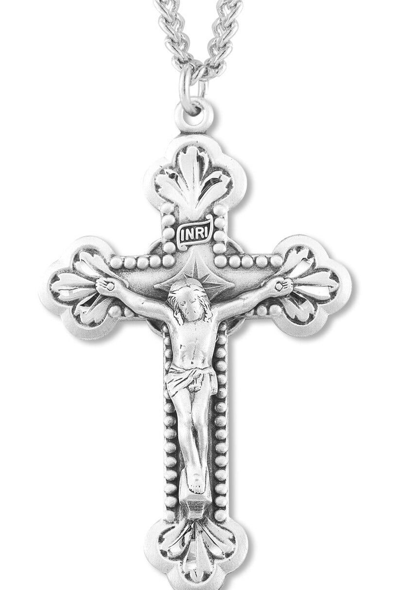 Men's Sterling Silver Baroque Style Crucifix Necklace with Chain Options