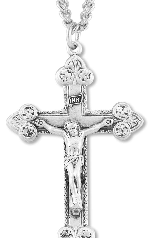 Men's Large Sterling Silver Elegant Tip Crucifix Necklace with Chain - Sterling Silver