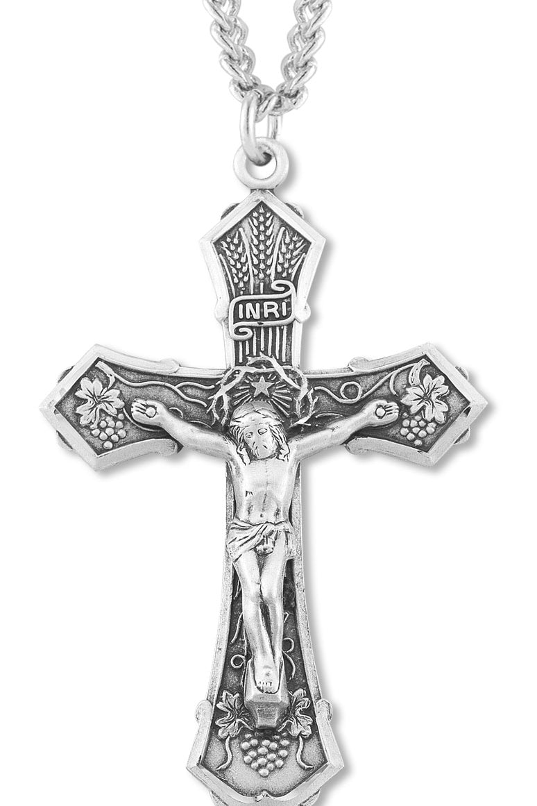 Men's Wheat and Grapes Crucifix Necklace, Sterling Silver with Chain Options
