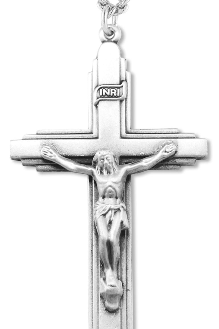 Men's Large Sterling Silver Crucifix Pendant - 24&quot; Sterling Silver Chain + Clasp