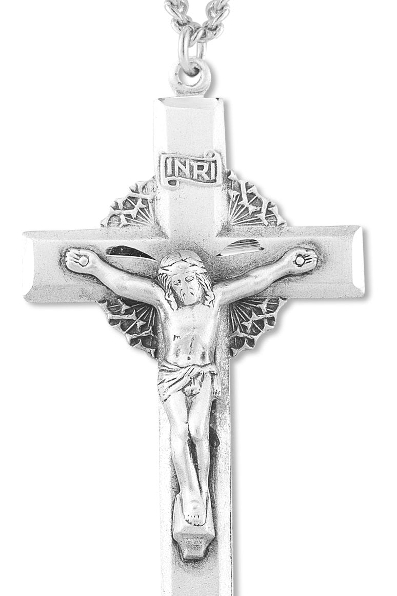 Men's Sterling Silver Crucifix Pendant with Wreath of Thorns - 24&quot; Sterling Silver Chain + Clasp