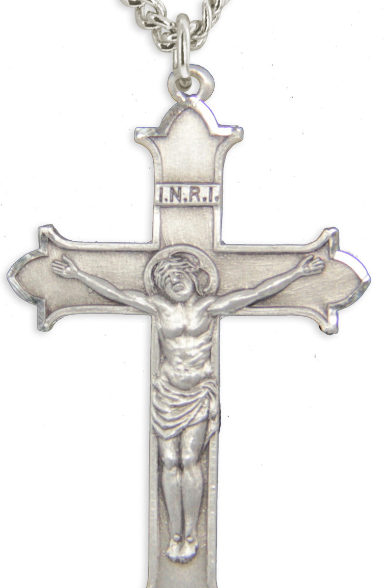 Men's Sterling Silver Matte Finished Pointy Edge Crucifix Pendant with Chain Options - 24&quot; Sterling Silver Chain + Clasp
