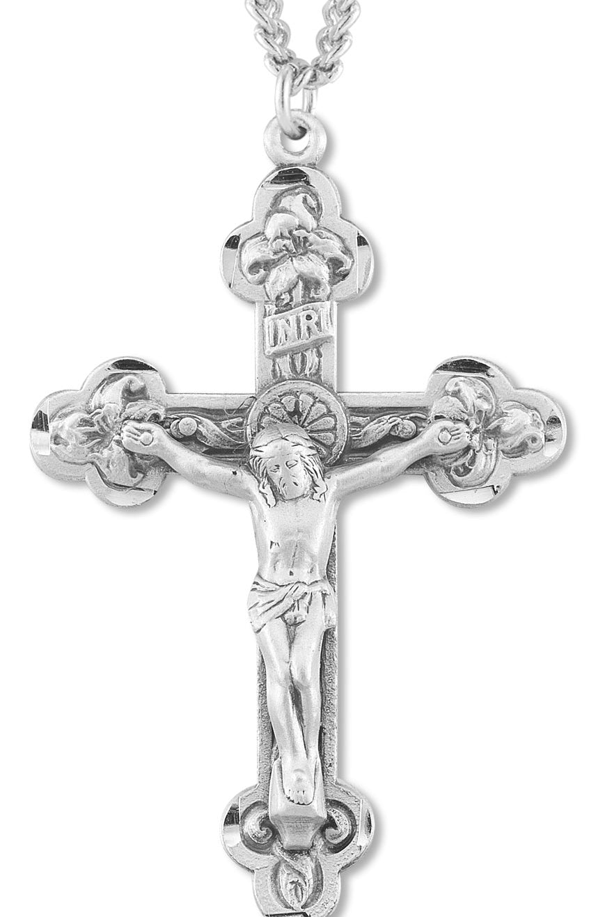 Men's Sterling Budded Edge Silver Crucifix Necklace with Chain Options - 24&quot; Sterling Silver Chain + Clasp