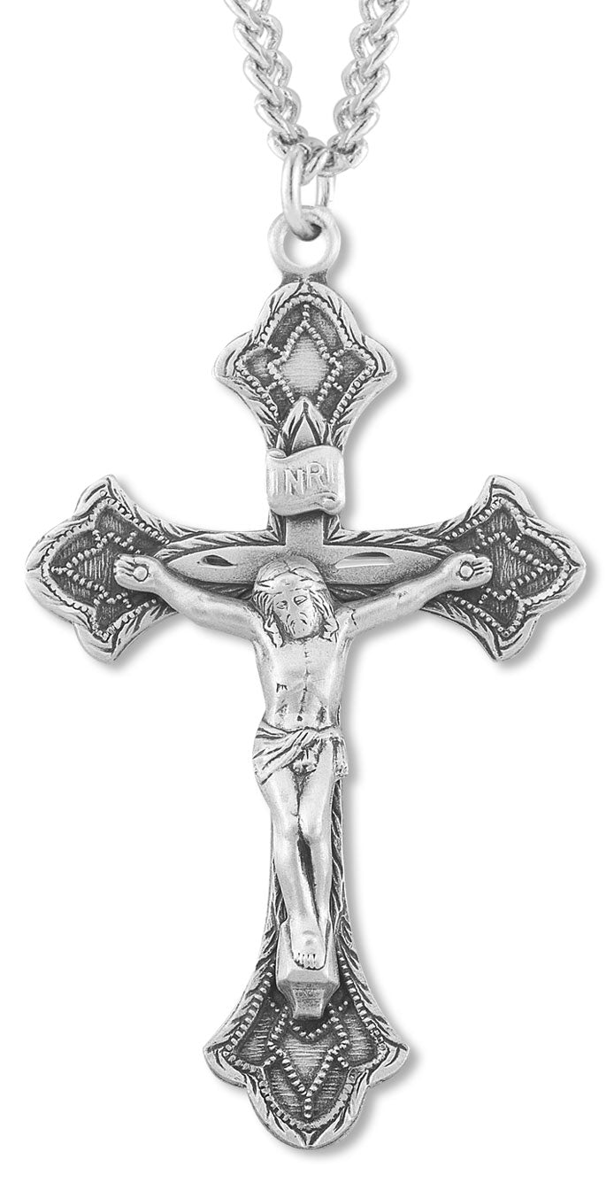 Men's Sterling Silver Budded Crucifix Necklace with Beaded Accents with Chain Options - 24&quot; Sterling Silver Chain + Clasp