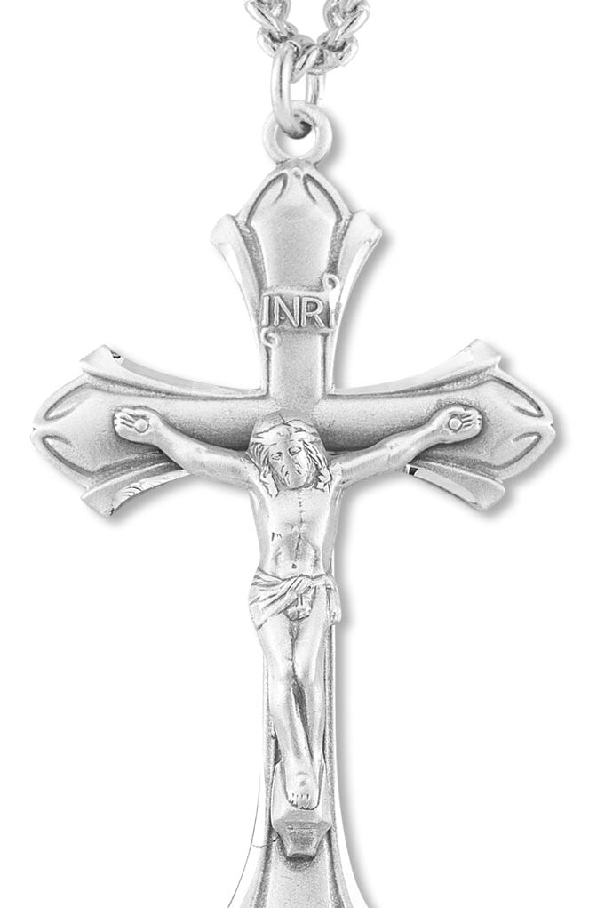 Men's Large Pointed Edge Crucifix Necklace, Sterling Silver with Chain Options - 24&quot; Sterling Silver Chain + Clasp