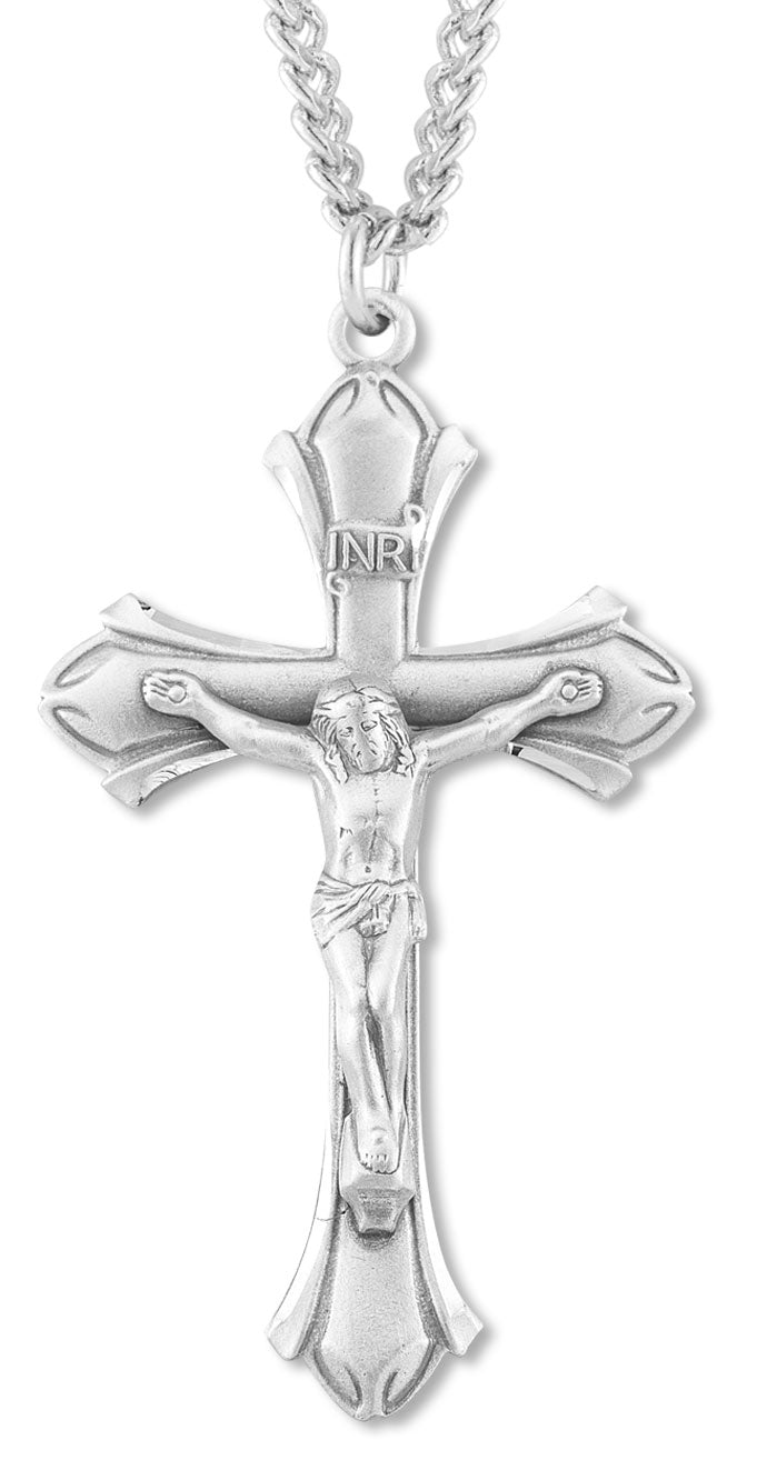 Men's Large Pointed Edge Crucifix Necklace, Sterling Silver with Chain Options - 24&quot; Sterling Silver Chain + Clasp