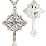 Men's Sterling Silver Fancy Crucifix Necklace Fleur-de-lis Points with Chain Options - 24&quot; Sterling Silver Chain + Clasp