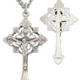 Men's Sterling Silver Fancy Crucifix Necklace Fleur-de-lis Points with Chain Options - 24&quot; Sterling Silver Chain + Clasp