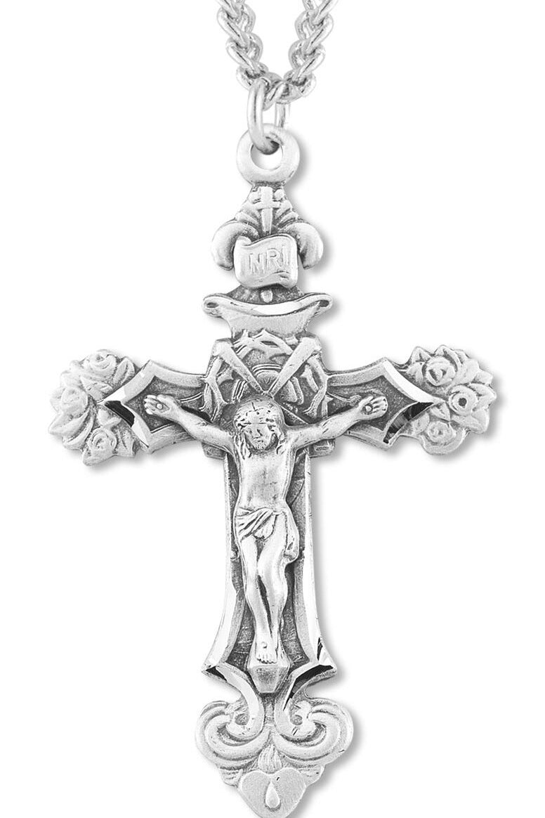 Men's Sterling Silver Crown of Thorns &amp; Rosebud Tip Crucifix Necklace with Chain Options - 24&quot; Sterling Silver Chain + Clasp