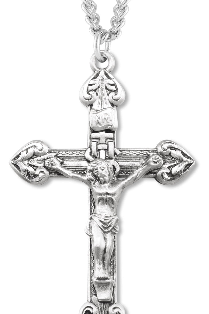 Men's Textured Heart Tip Crucifix Necklace, Sterling Silver with Chain Options - 24&quot; Sterling Silver Chain + Clasp